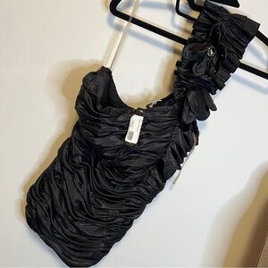 Rare Vintage NWT Silk Black One-Shoulder Ruching Cocktail Cruisewear Top